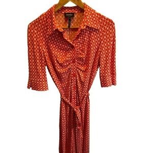 Laundry Orange Geometric Collared, V-Neck Button Down Dress,‎ Tie & 3/4 Sleeves